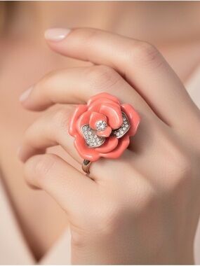 Coral Flower Crystal Accent Ring - Women Jewelry